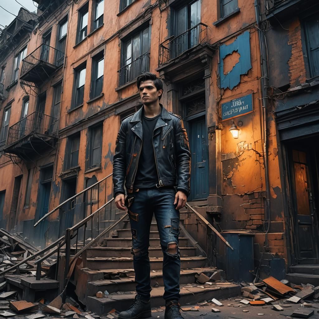 A dark haired 20 year old man dressed in biker clothes stand...