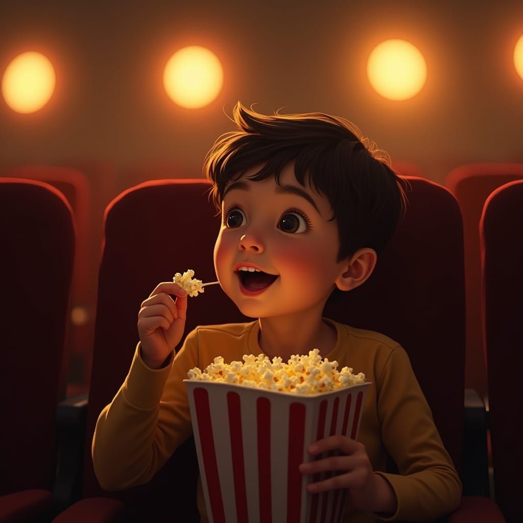 Child Enjoys Popcorn in Cozy Cinema, Digital Art