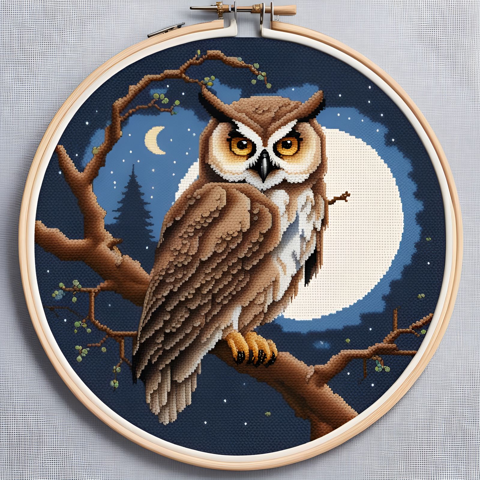 Cross-stitch owl in a branch tree, moon in background, embroidery  by @tsahel
