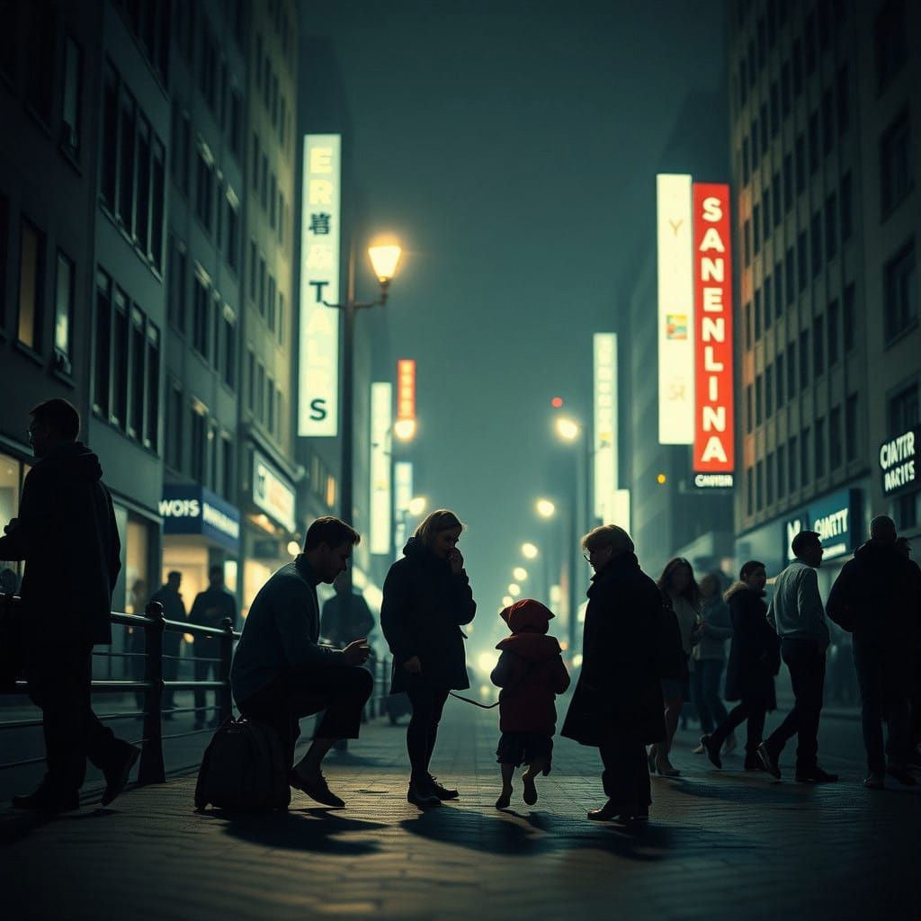 Friends Under Urban Lights in a Dark Cityscape