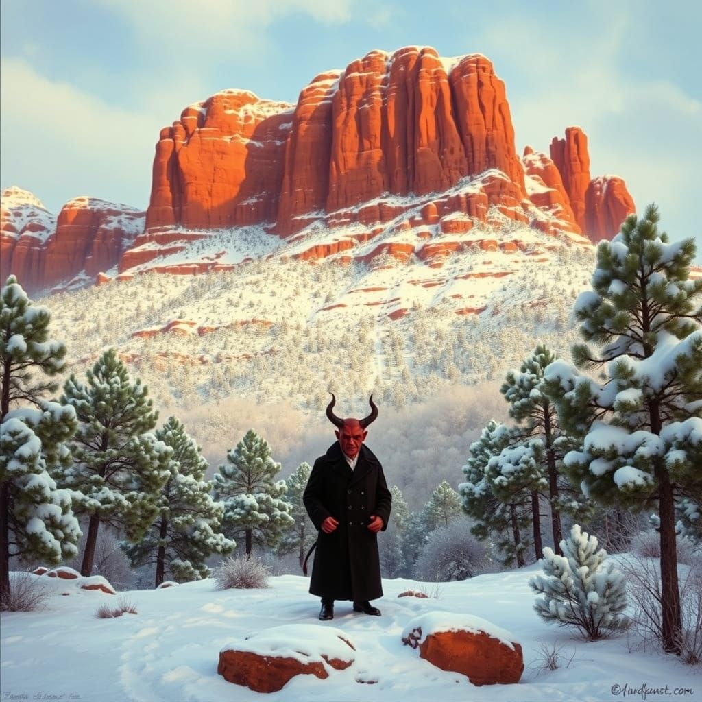 The red rocks of Sedona blanketed in snow. and the devil is there frowning