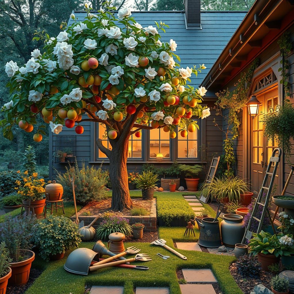 Fantastical Blooming Garden Scene with Mythical Trees