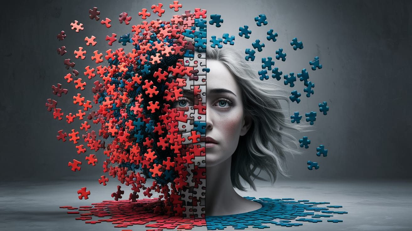 A woman literally falling apart. Stunning art image. Like puzzle pieces. epic masterpiece, hyperdetailed. ...  by @MrMaracuja