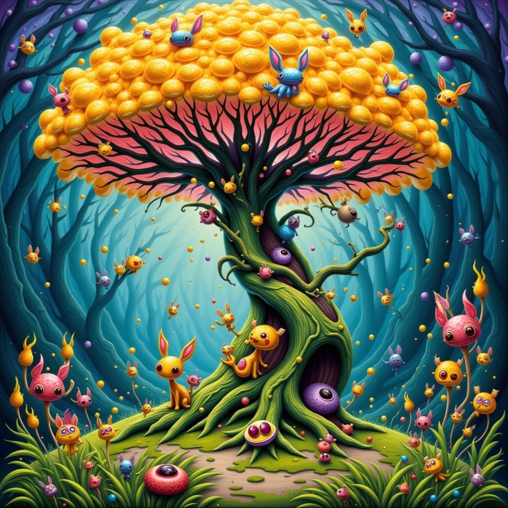 Diminutive, fairy-like Kodama tree spirit, dressed in delicate, earthy attire, surrounded by lush, vibrant foliage, in the style of Hayao Mi...