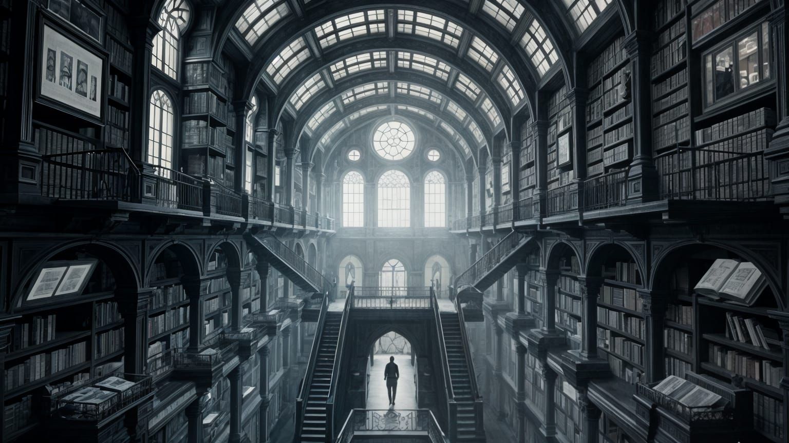 Surreal infinite library located within a sinister gothic knight’s castle, inspired by Edgar Allan Poe, concept art in etching style, monoch...