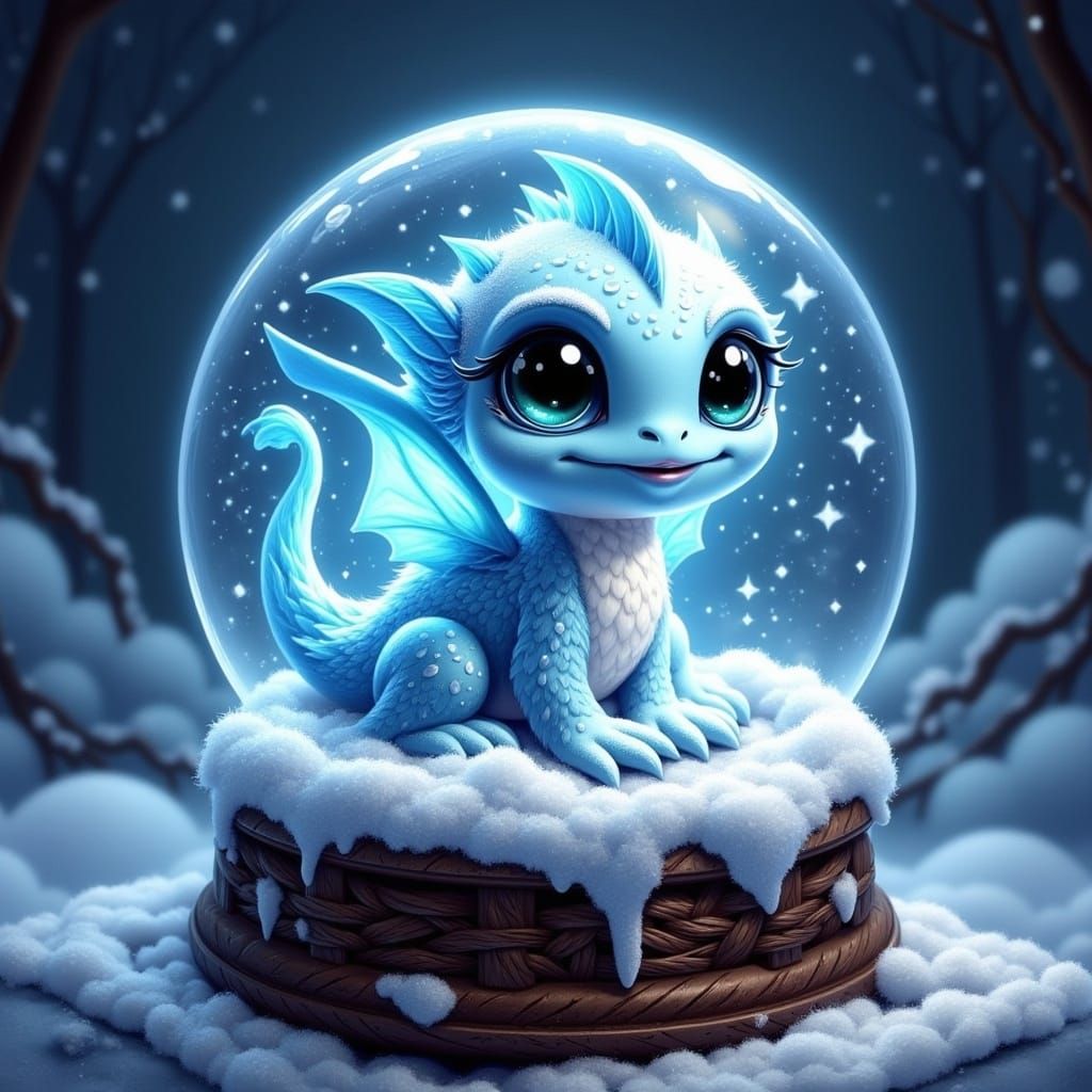 <lora:CutiePieHallowFlux:1.0> a beautiful magical snow globe with an adorable snow dragon hatchling inside, large shiny eyes, happy express...