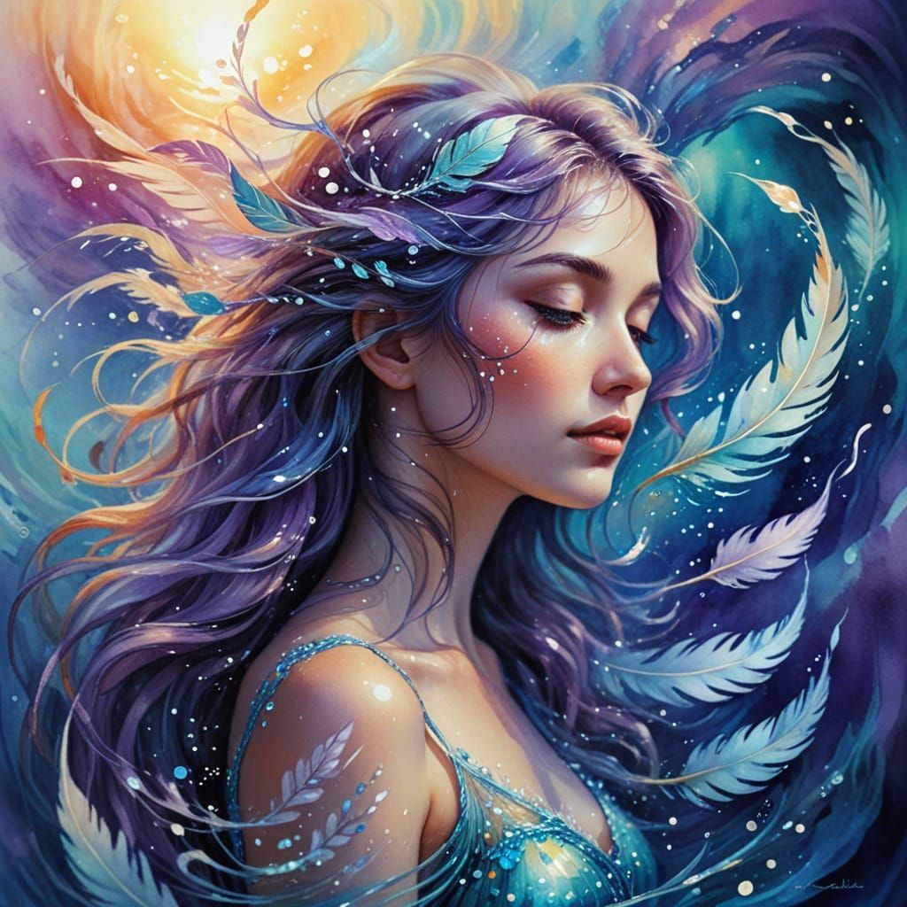 Whimsical Watercolor Portrait of a Pisces Woman