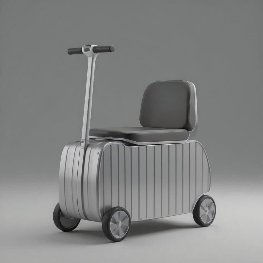 A modern multi-functional suitcase that can be used as a seat or as a small scooter. It is equipped with foldable handles, solid wheels at t...