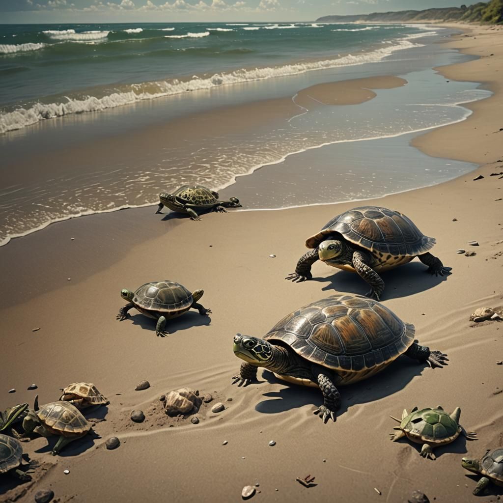 Turtles at the beach during summer