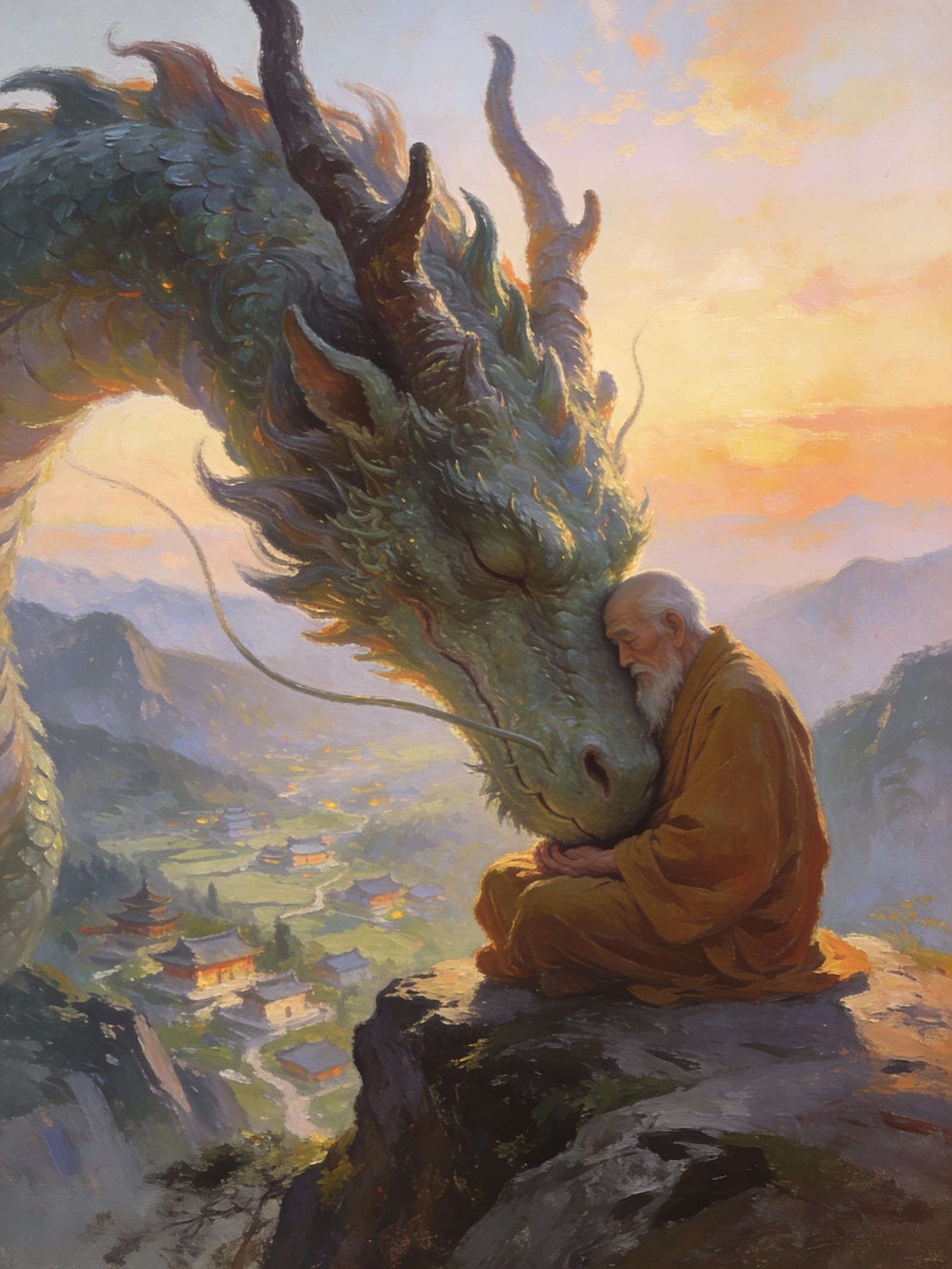 A scene of a legendary, ancient monster, depicted with immense detail, peacefully resting its head on ...  by @Ima