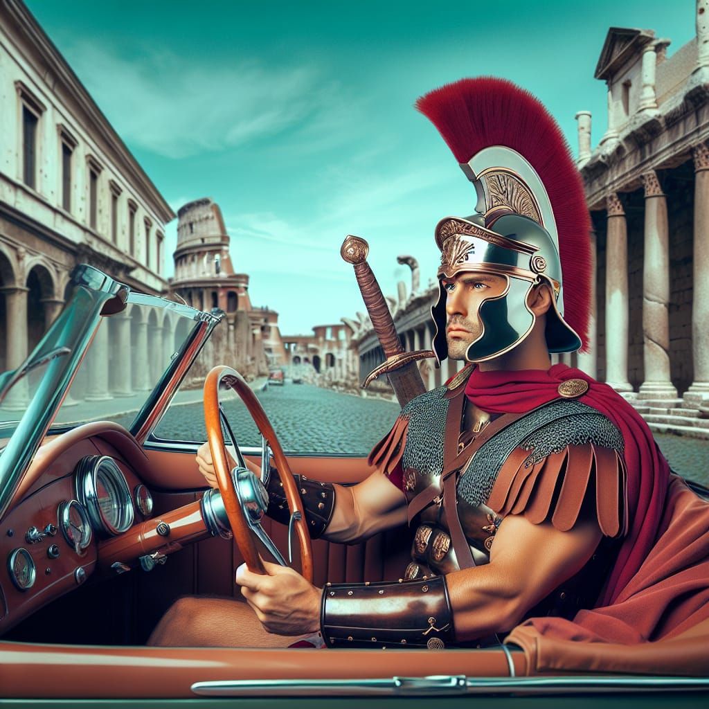 Roman legionnaire driving a cabriolet.