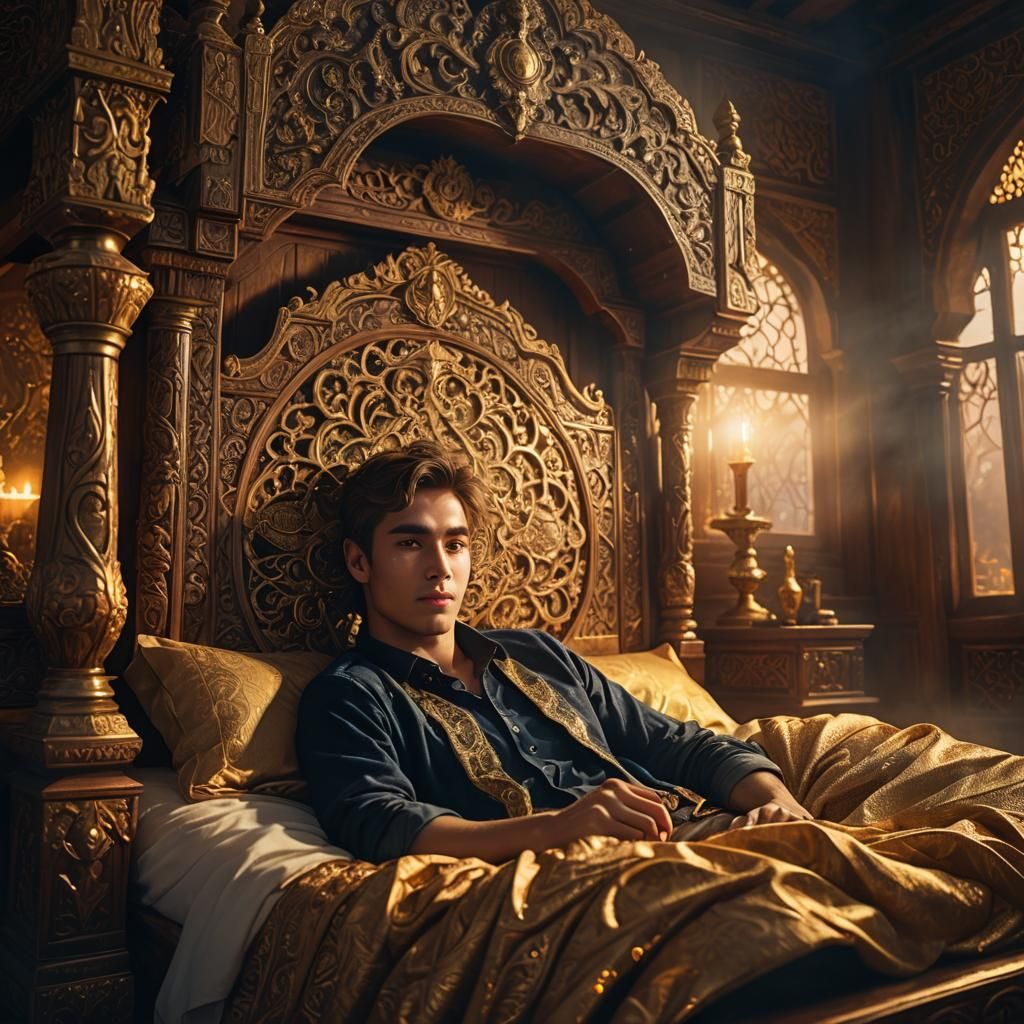 Dreaming Man in Ornate Bed: Fantasy Concept Art