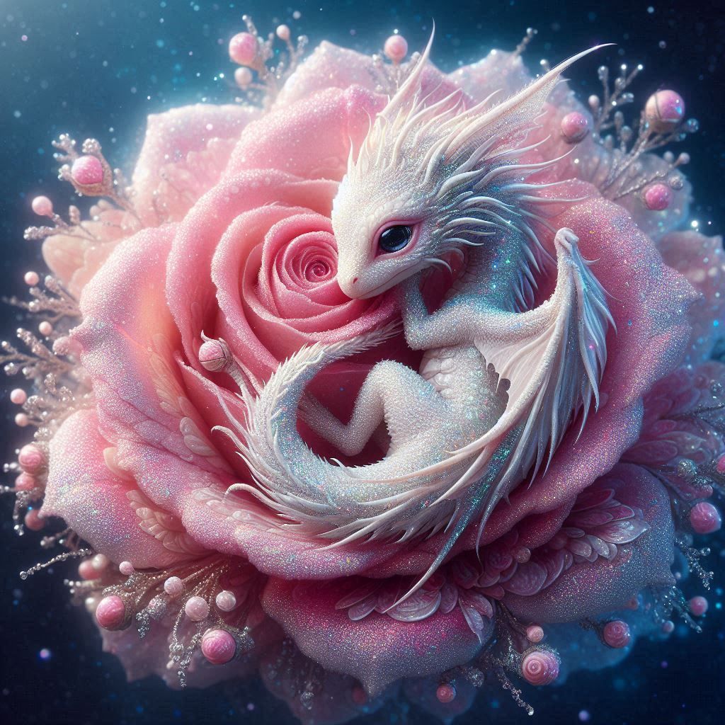 Cute baby Dragon curled up in pink rose (2)