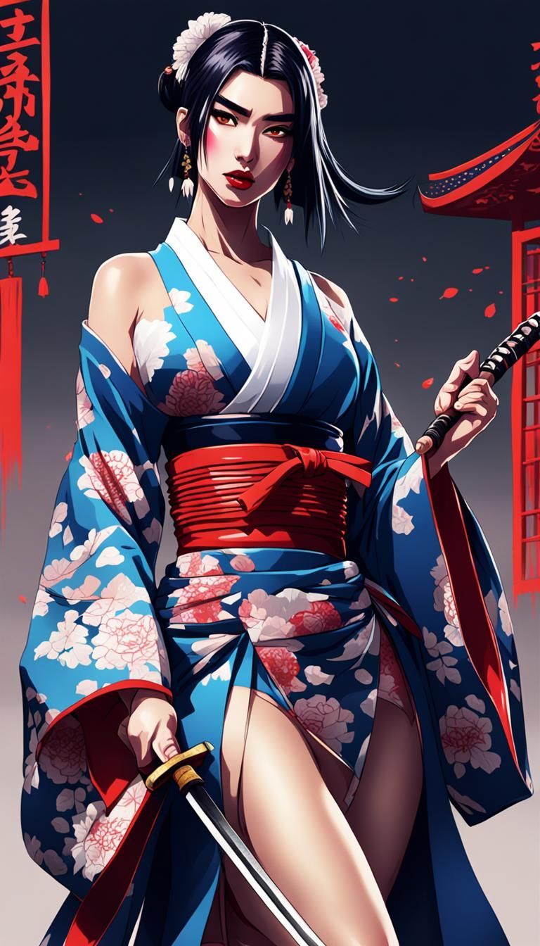 geisha samuray with katana and blood