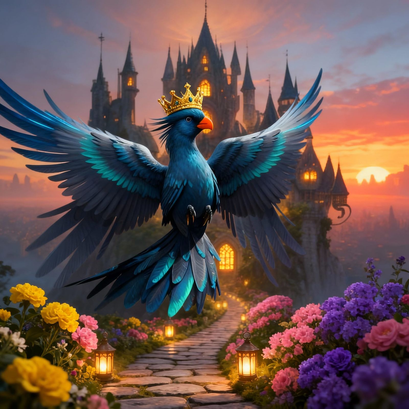 Golden Castle Floating on Clouds with Light Waterfalls