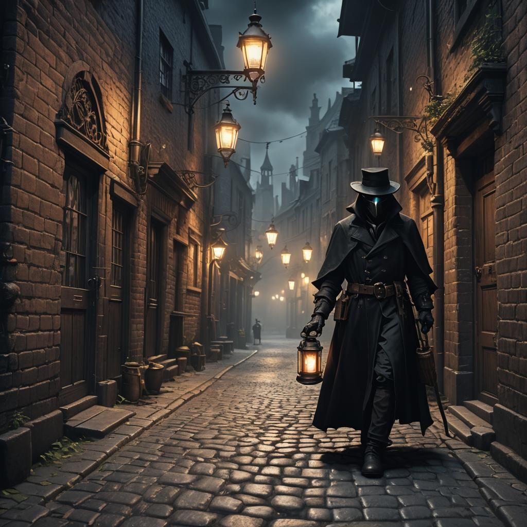 Plague doctor in a dark Victorian alleyway hunched sneaking ...