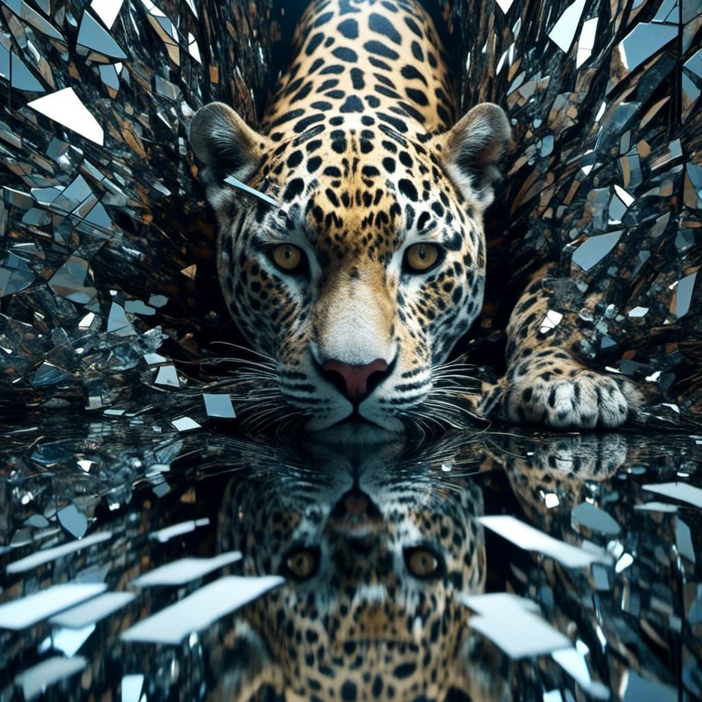 <lora:Shattered:1.0>shattered mirror, mirrors 
the most beautifuljaguar in the mirror jungle, flooded