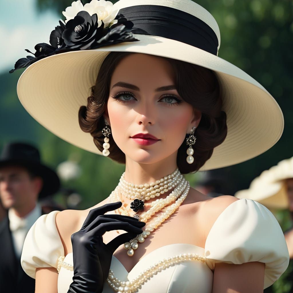 a female aristocrat wearing a large, black wide-brimmed hat and multiple pearl necklaces, a long white dress with a blac...