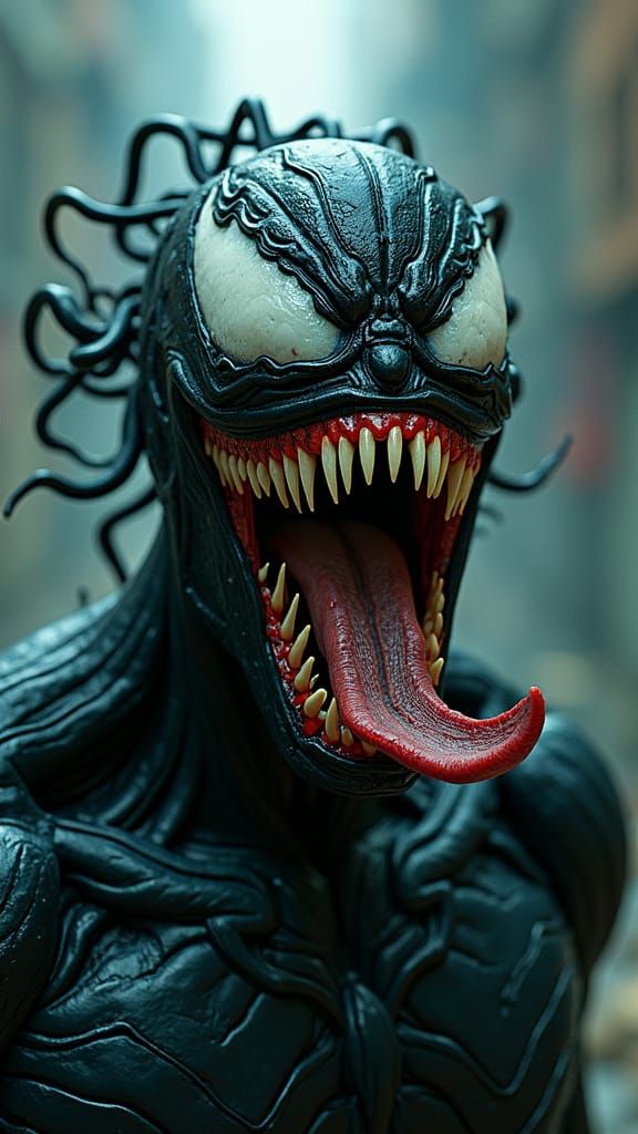 Tom Holland morphing into Venom in a hyper-detailed matte painting style reminiscent of Jack Kirby's dynamic forms and Frank Miller's gritty...