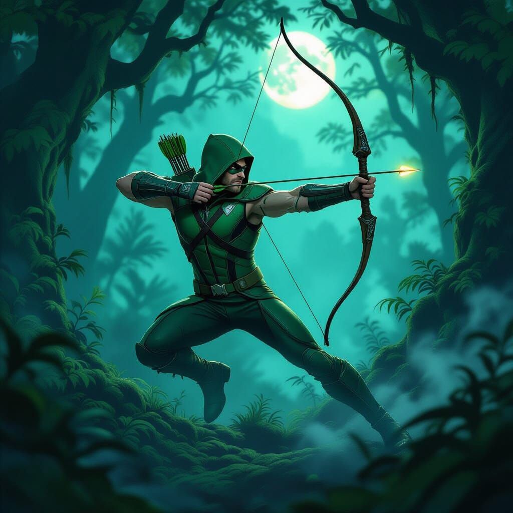 Green Arrow Leaps Through Twilight Forest