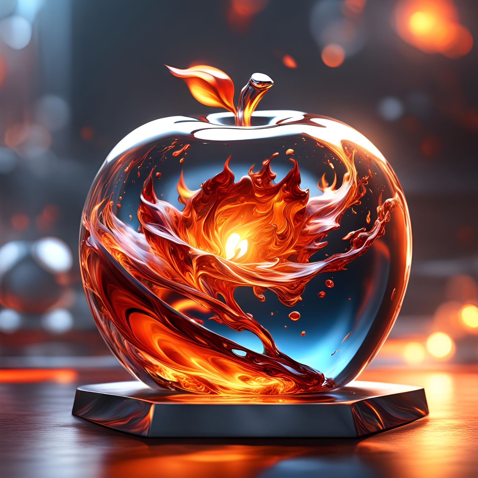A see through glass paperweight with a red, orange flame inside the glass paperweight. Metallic bright ...  by @Irene