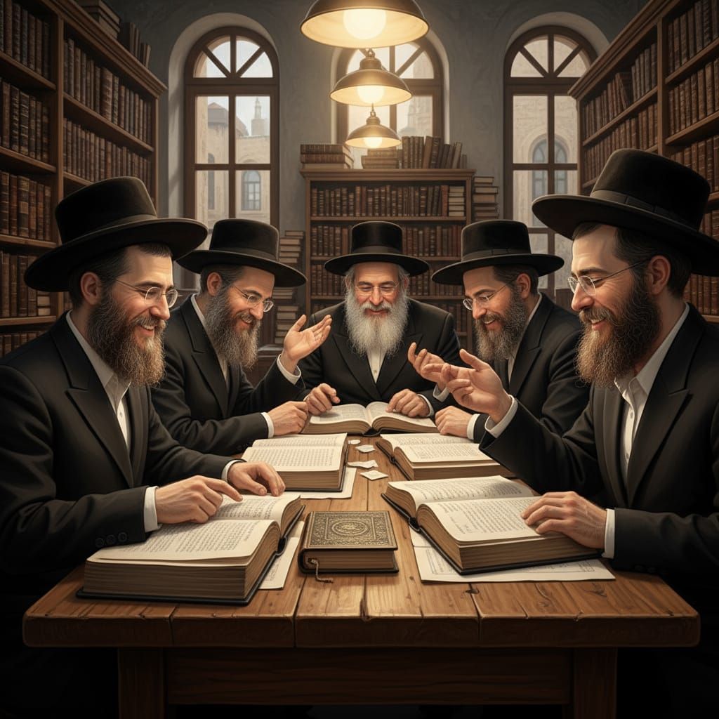 Chassidic Scholars Studying Open Books with Joyful Faces