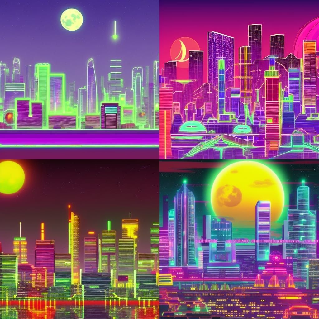 A future high tech super city at night with a full moon wher...