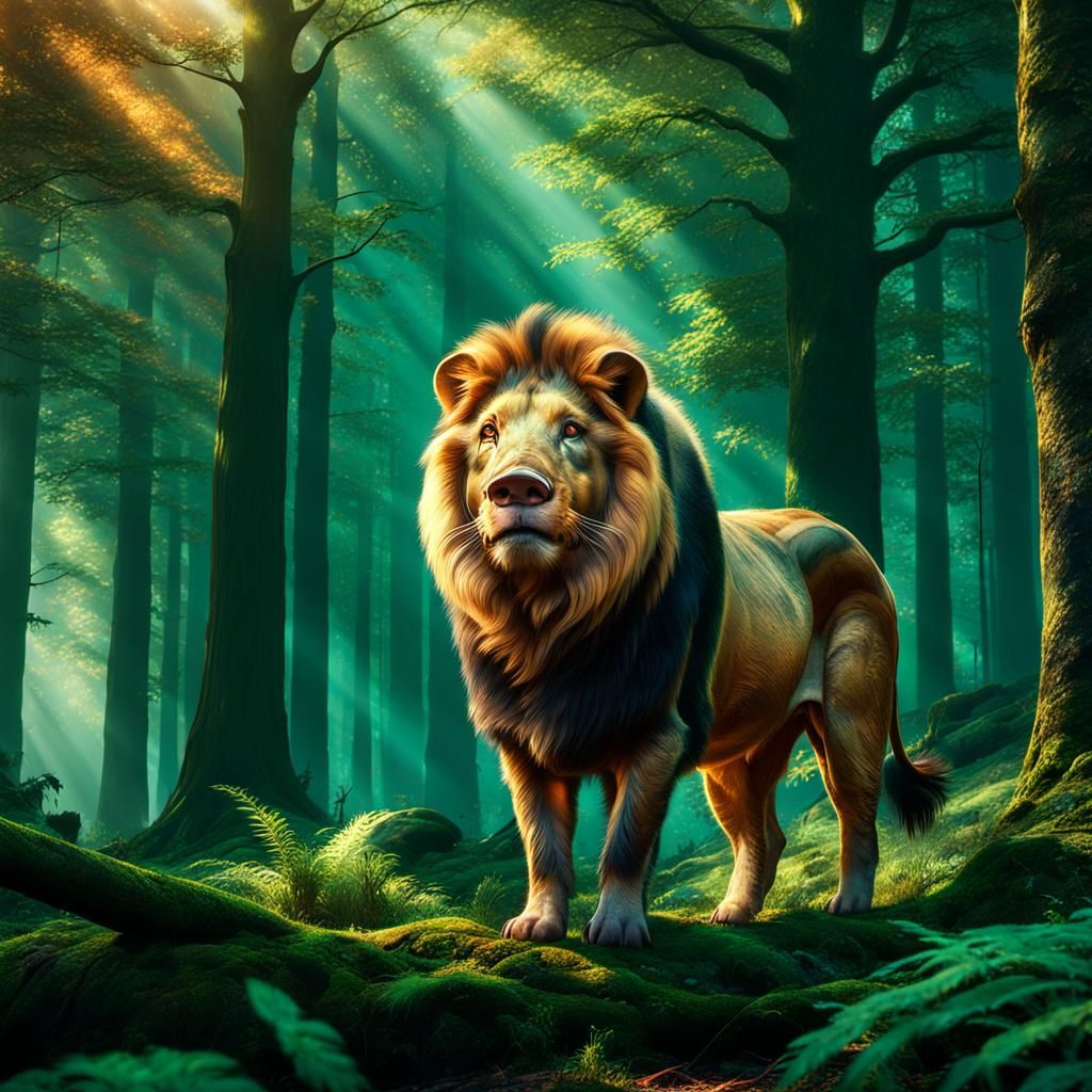 A creature half pig, half Lion, Standing in some German forrest