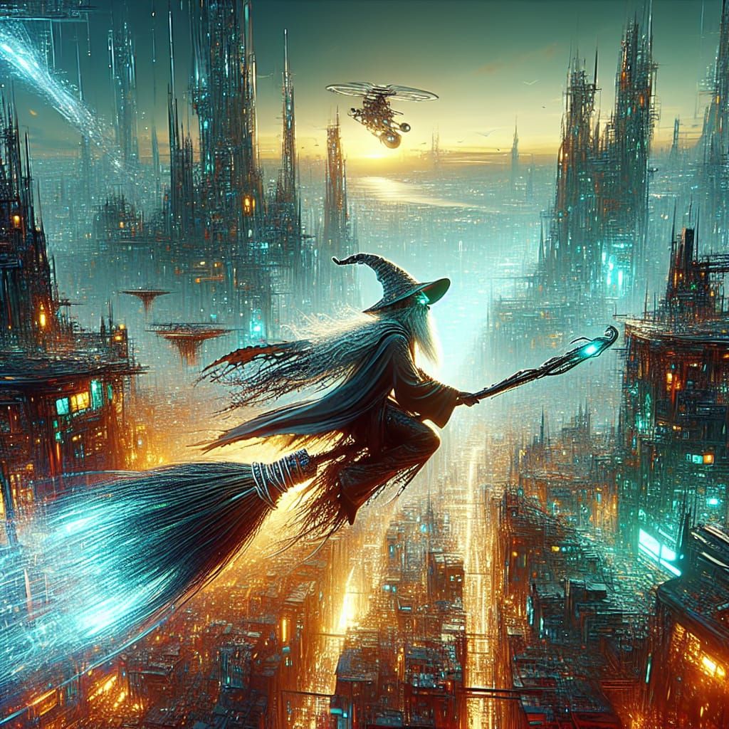 A wizard riding a futuristic cyberpunk broom