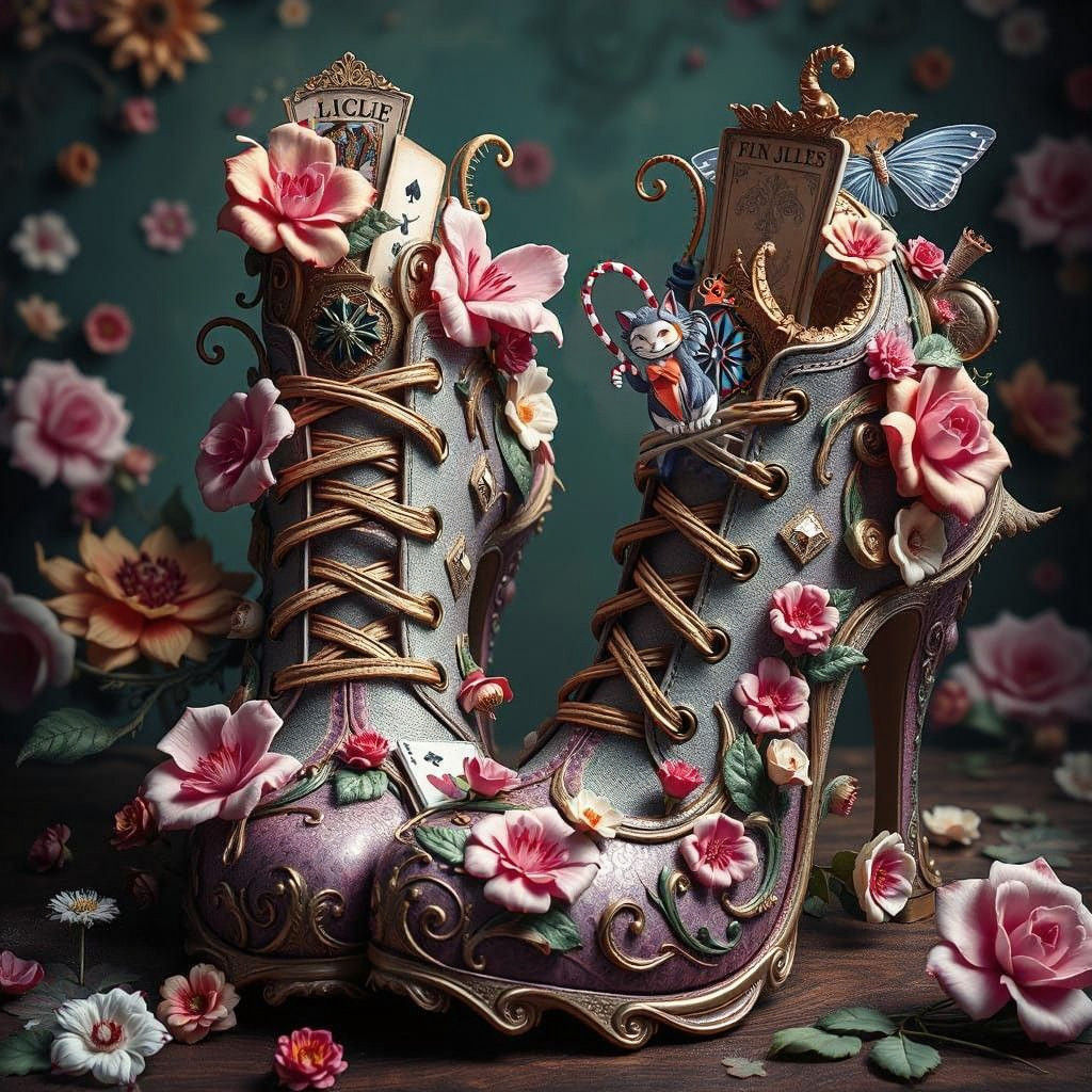 Bellissime scarpe con disegno Alice in Wonderland , immagine iperrealistica, iperdettagliata, 16k  by @Francy
