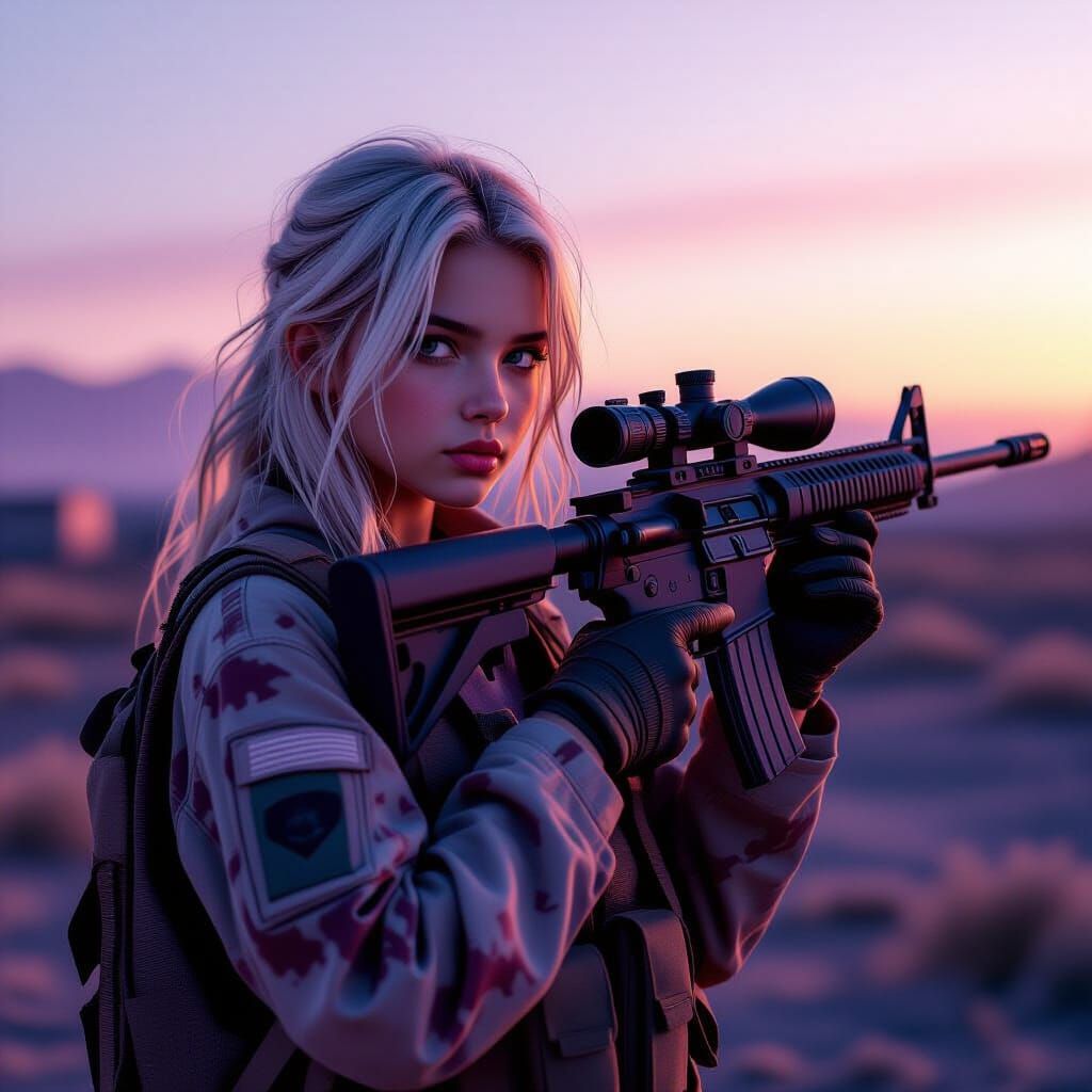 Hyperrealism. view from a distance. A young teenage girl with soft features holding a large sniper rifle, white blonde hair, dressed in a fu...