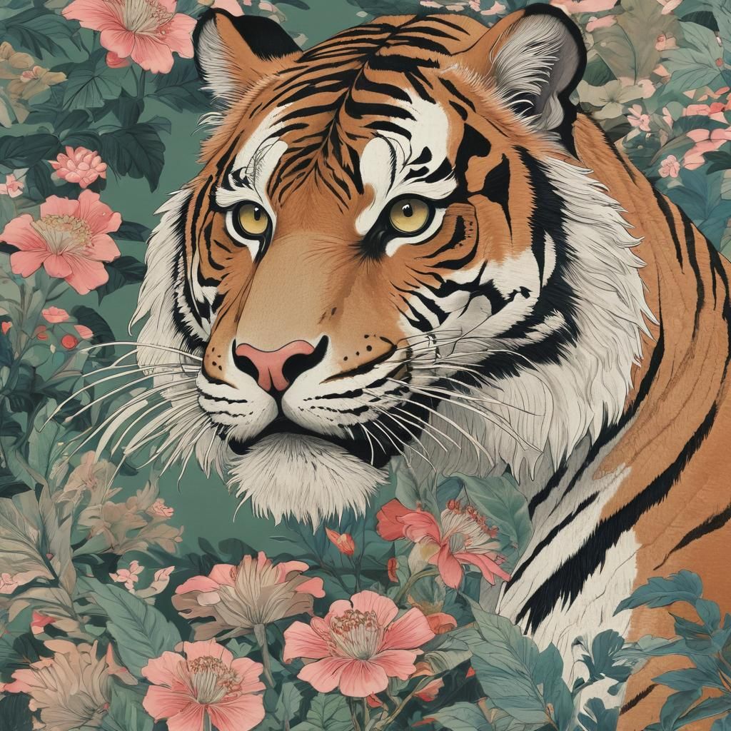 Ukiyo-e Tiger in Temple Garden
