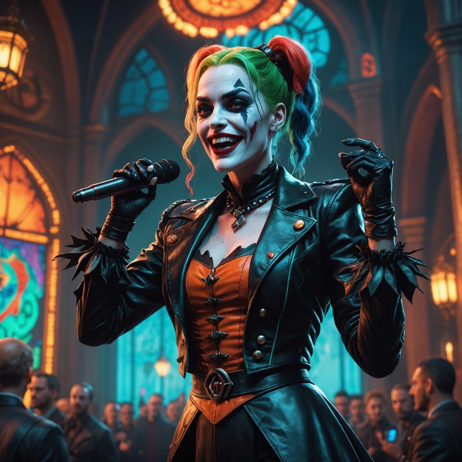 Gothic Joker singing Kareoke with Harley Quinn on backup