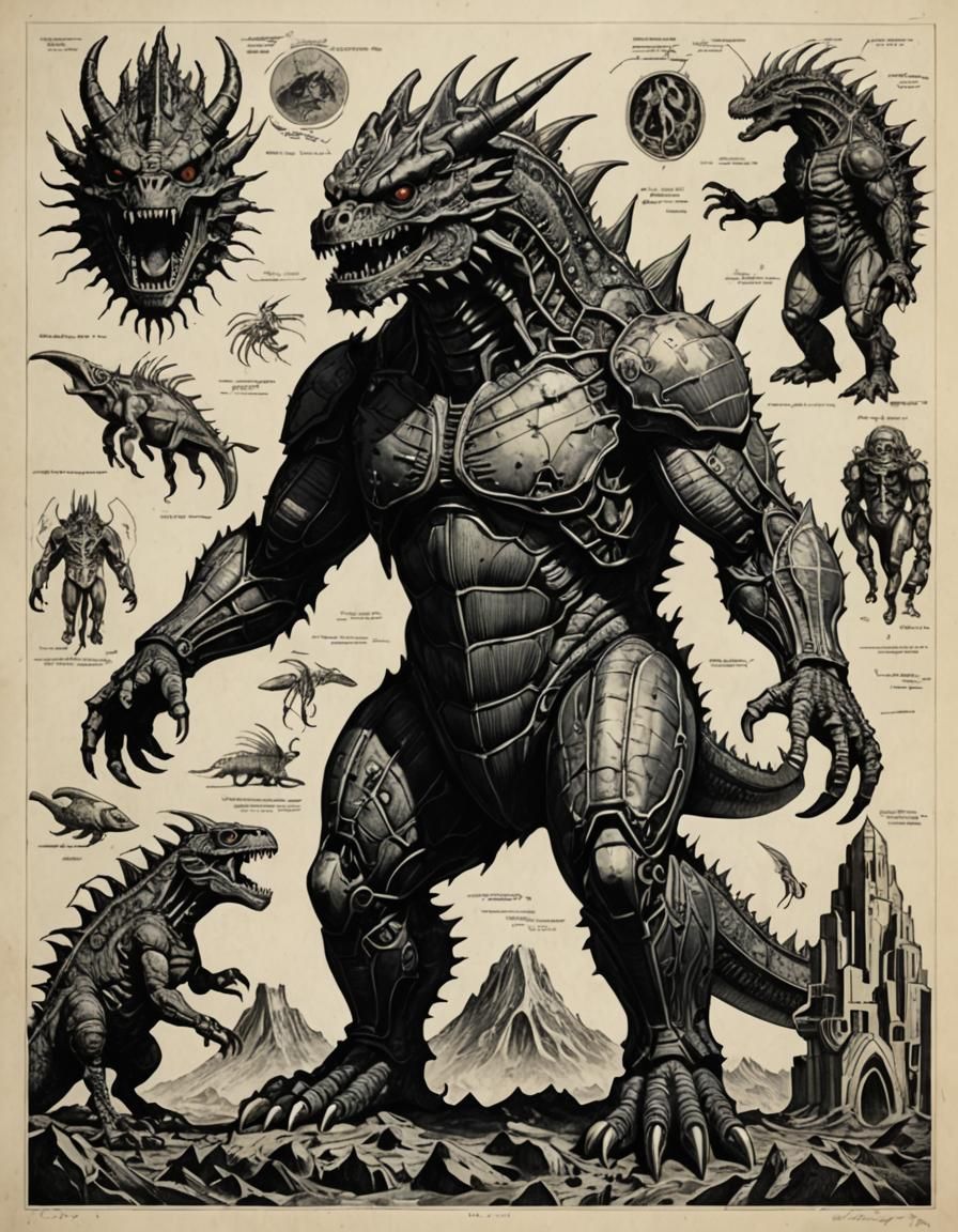 kaiju anatomy intaglio print