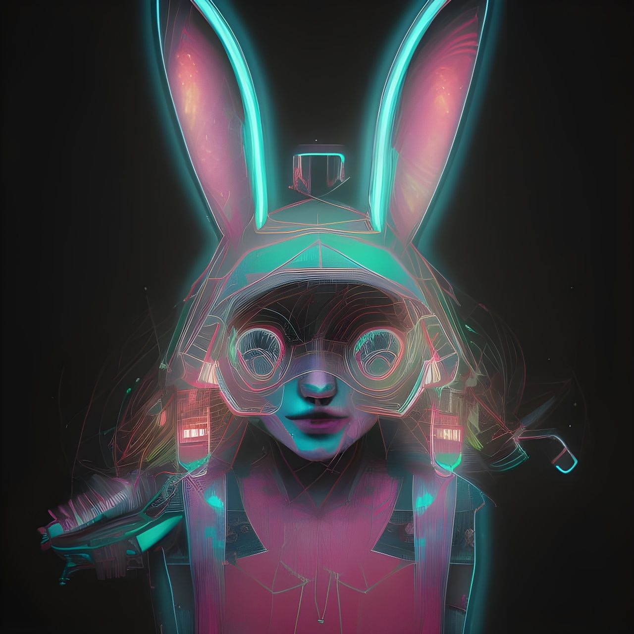Cyberpunk Bunny Portrait in Neon Diamond Frame