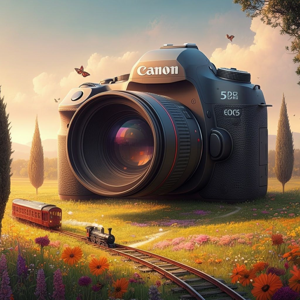 Gigantic Camera Sculpture in Lush Summer Meadow