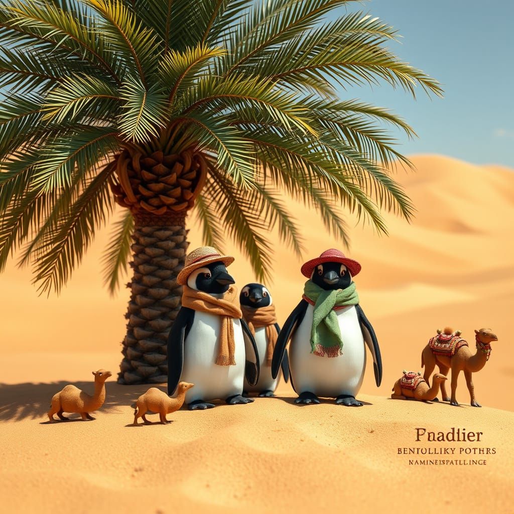 Penguins in Whimsical Desert Oasis