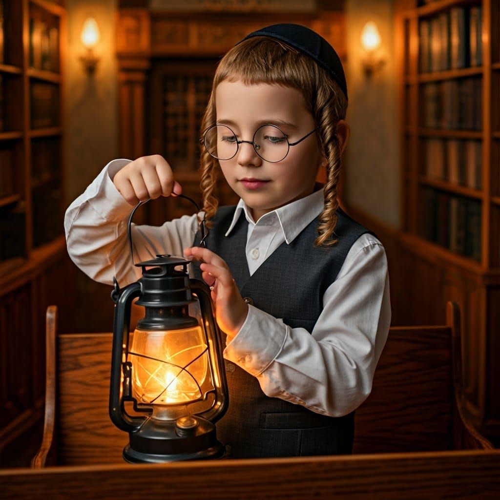 A Young Orthodox Jewish Boy Illuminates a Serene Synagogue w...