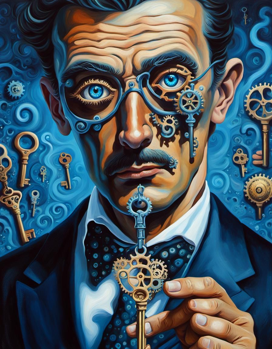 Man Holding Mystical Keys in Surreal Oil Painting