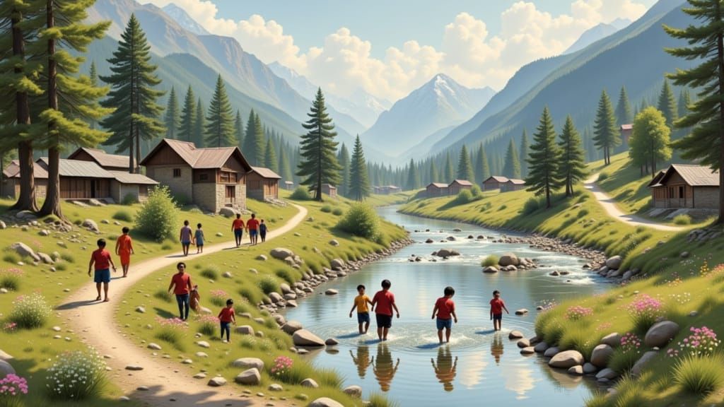 Happy children play by a river in a village in the Himalayas in spring, image in the style of Paul Cezanne. <lora:Artistic Landscapes:1.0>