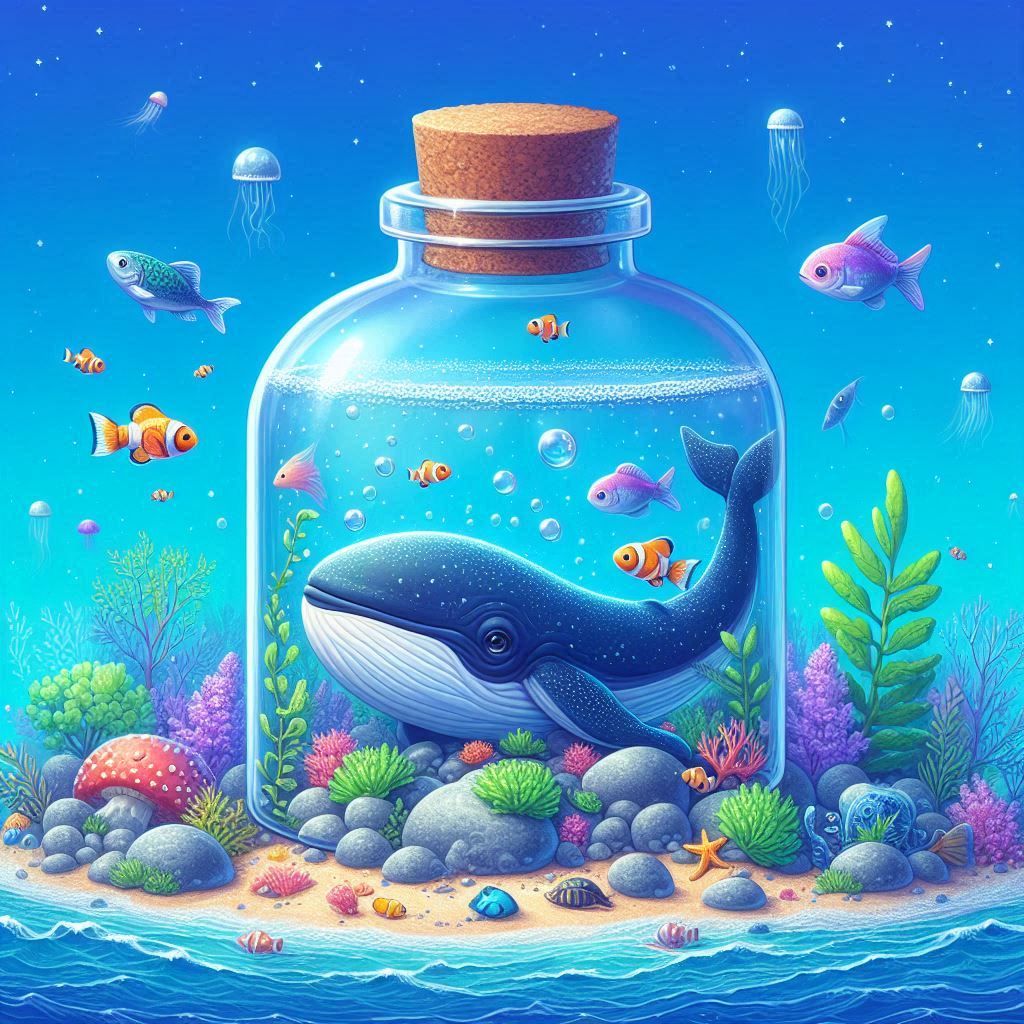 Mini Ballena azule, mar, peces varios colores vibrantes, botella cristal, sirenas, ......