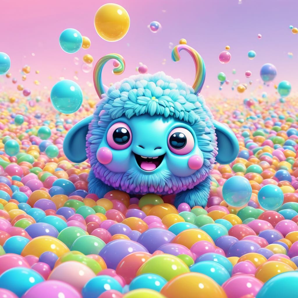 Hundreds of rainbow bumbles floating in the sky of pastel colours within each bubble there are tiny happy ...  by @Terrel