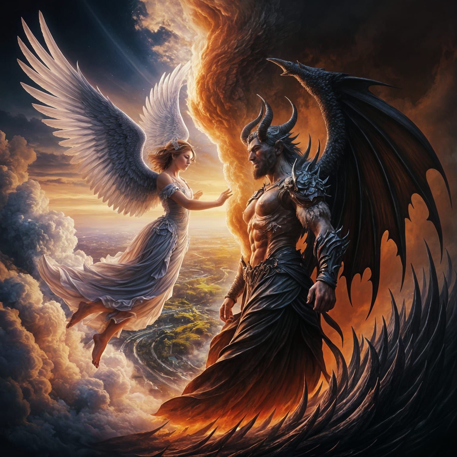 An abstract yin-yang split scene. On the left, an angel with radiant wings, soaring in the heavens over ...  by @Schoor