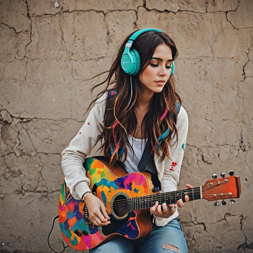 beautiful girl , headphones , music, colorful ,guitar