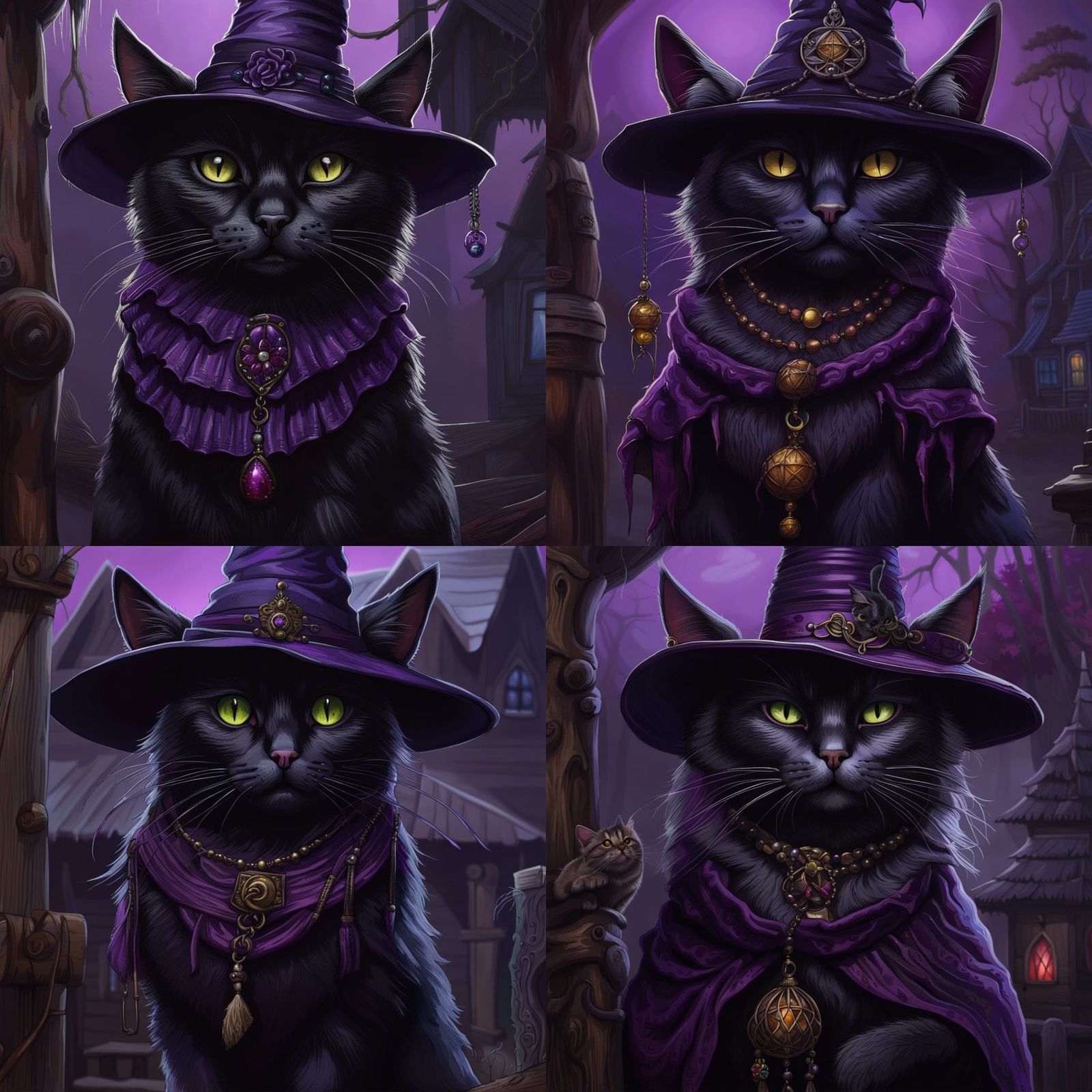 A cat witch, black cat, purple hat, female, feline, gothic collar