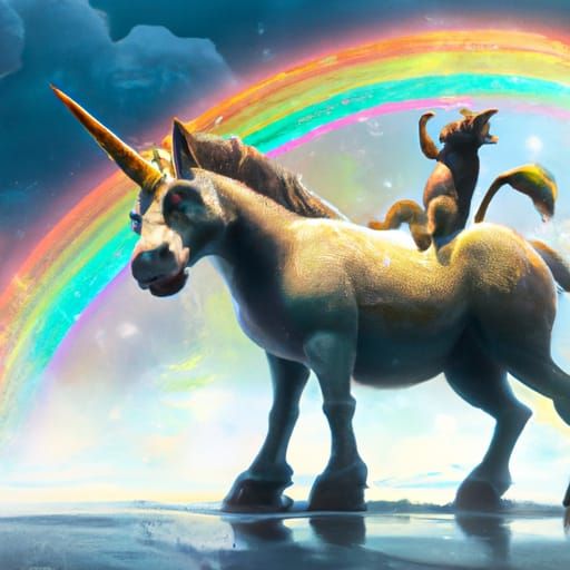 a donkey unicorn hybrid riding a rainbow, fantasy illustrati...