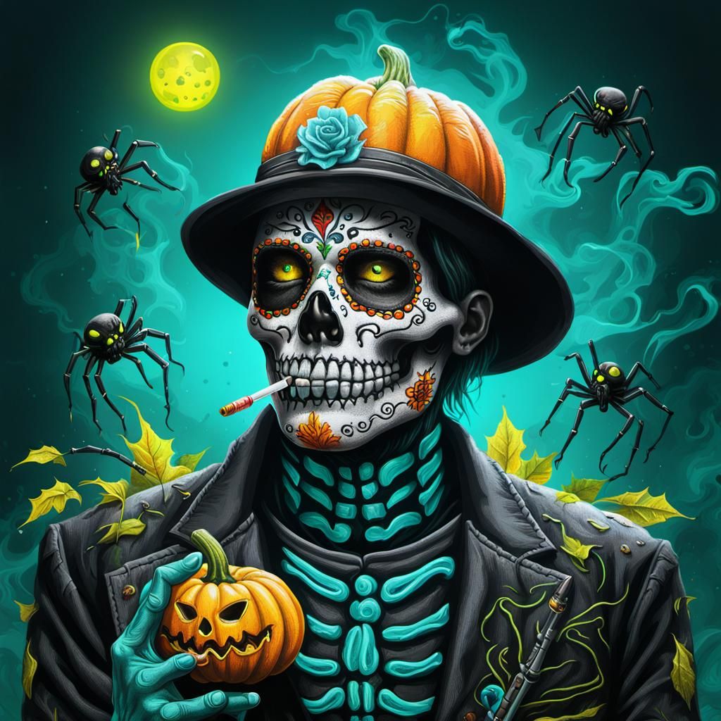 Black 1941 Day of the Dead Pumpkin man smoking with small ne...