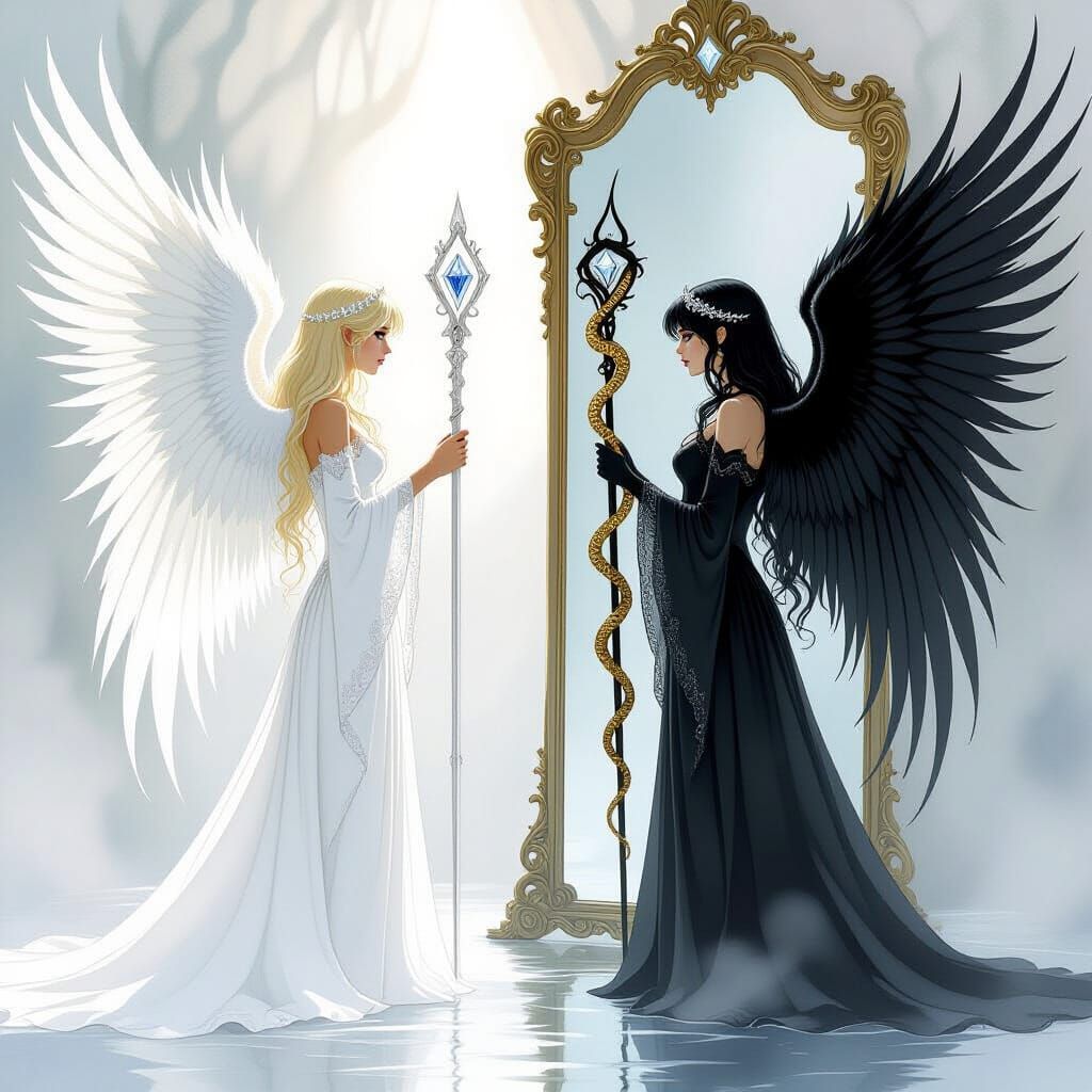 Angel's Reflection: Duality in Ethereal Watercolor