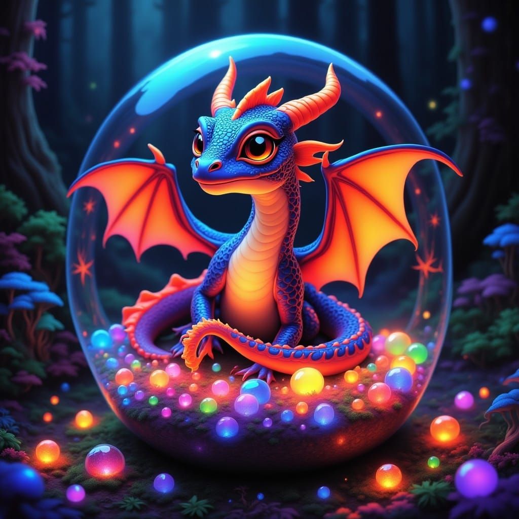A cute miniature baby dragon sitting in a glass jewelry box overflowing with glowing glass jewelry. <lora:Vintage Blacklight:1.0>