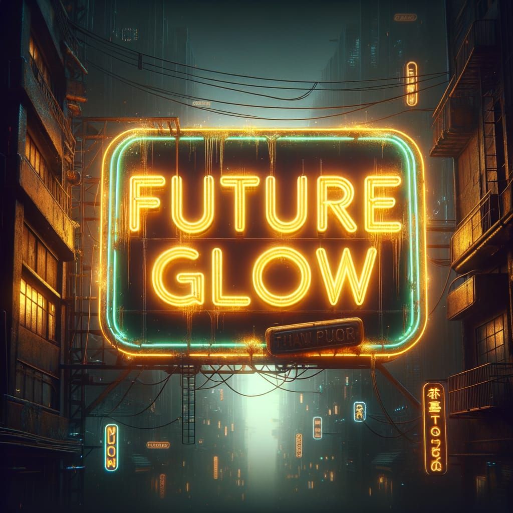 Create a high resolution image in a cyberpunk style of a neon sign that says "Future Glow" the image should be 9:16 horizontal orientation. ...